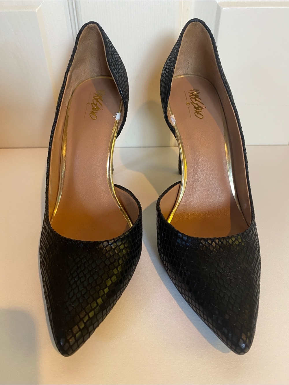 Mossimo Supply Co. Black Snake-Print D'Orsay Pointed-Toe Pumps with Gold Trim